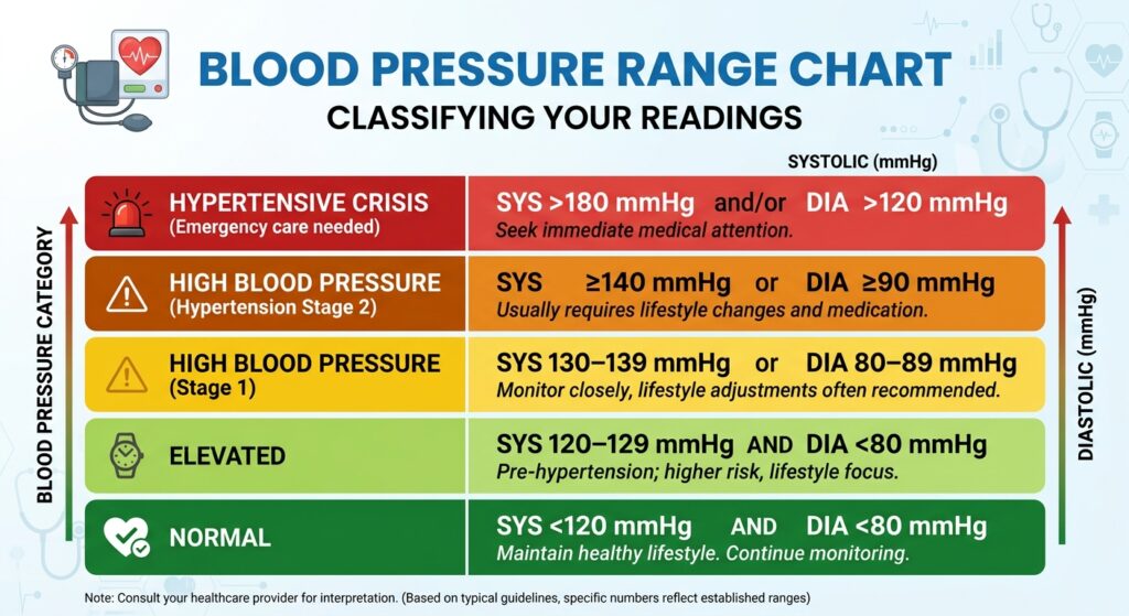 Blood pressure range chart: normal, elevated, and high readings.