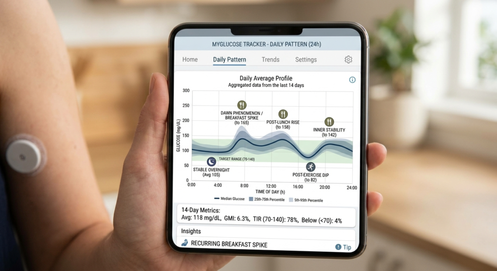 continuous glucose monitor app showing daily blood sugar pattern