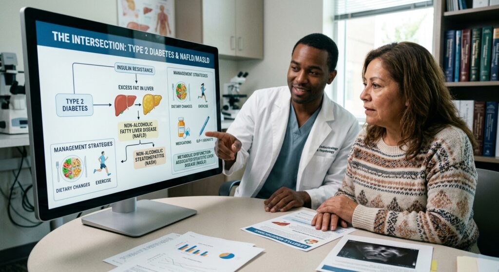 Understanding the link between type 2 diabetes and fatty liver disease (NAFLD/MASLD).