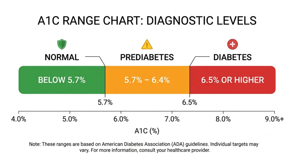 A1C range chart showing normal, prediabetes, and diabetes levels
