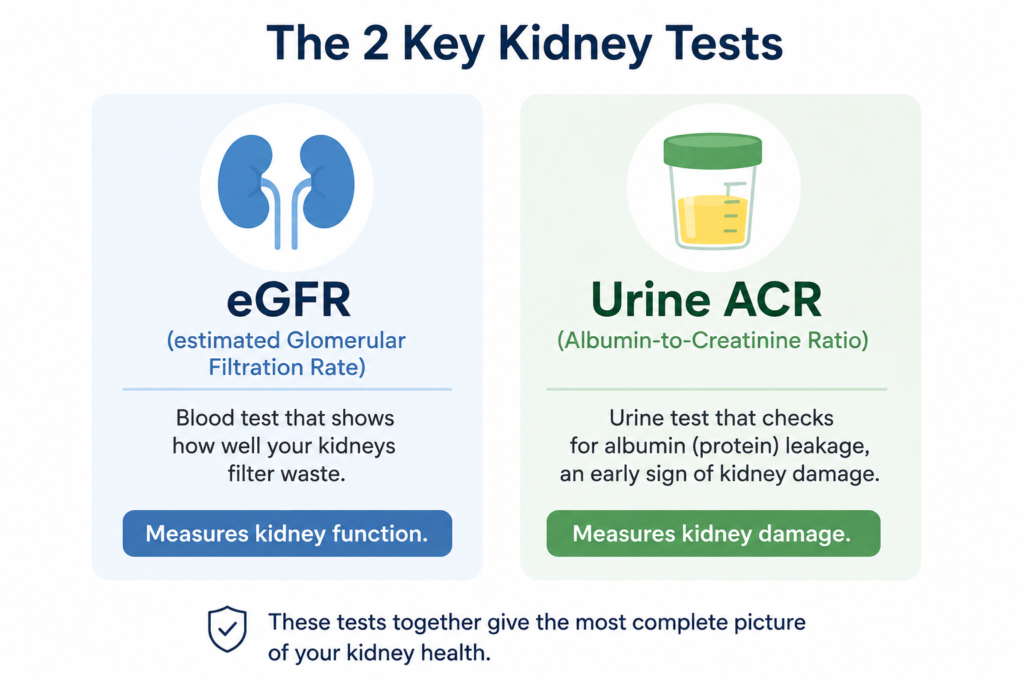 Key kidney tests for people with diabetes and kidney disease : eGFR and urine albumin.