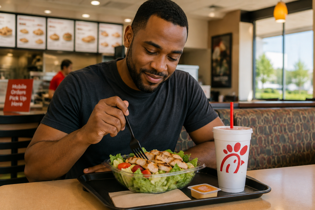 Man eating grilled chicken salad at a fast food place with diabetes