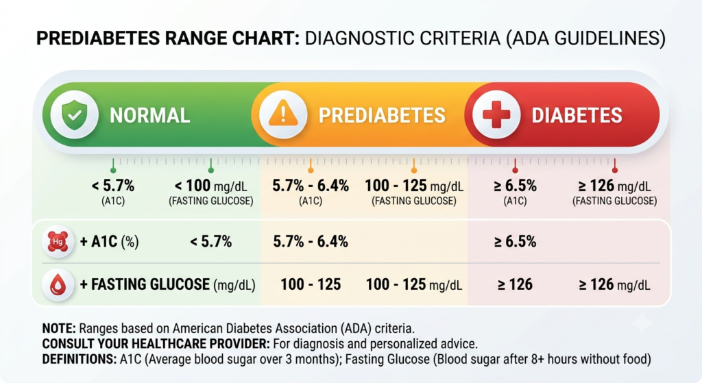Prediabetes blood sugar range chart for A1C and fasting glucose.