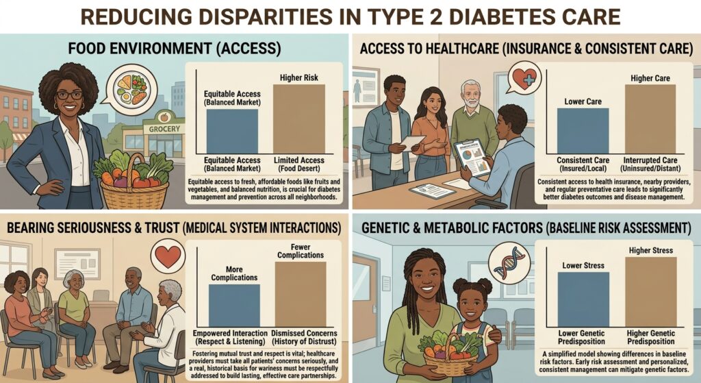 Type 2 diabetes disparities in the Black community diagnosis and complication rates.